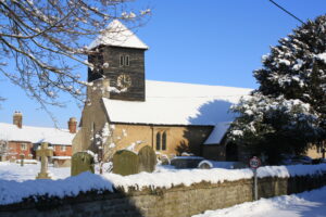 Snow on the roof of the St. Catherine's and St. Leonard's Church